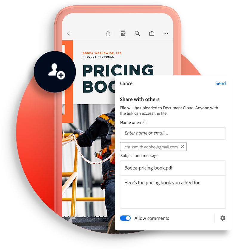 Share with others dialog on a phone, with name, email, and comment controls.