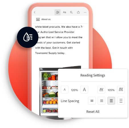 Phone showing Liquid Mode reading settings for font size, character spacing, and line spacing.